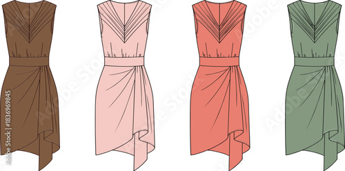 Technical flat fashion sketch of a sleeveless party dress with pleated v-neck and asymmetrical draped hem, shown in four vibrant color variations for design.