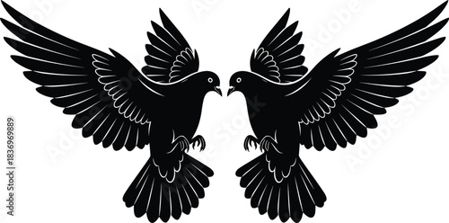 Two flying black dove silhouettes facing each other with wide-spread wings, symbolizing peace, freedom, love, and spiritual unity or duality concept.