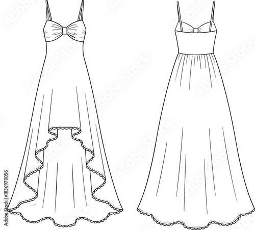 Fashion Technical Sketch Maxi Dress High Low Hemline Spaghetti Strap Bow Detail Ruffle Trim Front Back View CAD Apparel Design Vector.