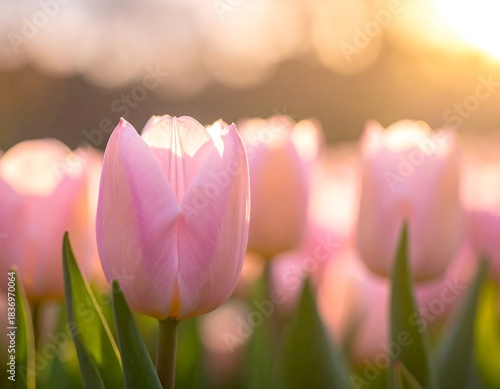 Soft focus image of pink tulips illuminated by warm sunlight, creating a dreamy floral scene