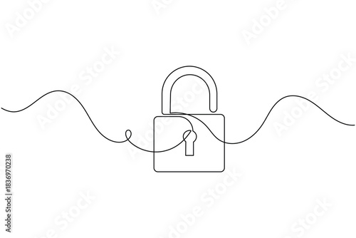 Continuous line drawing of an open padlock symbol on white background