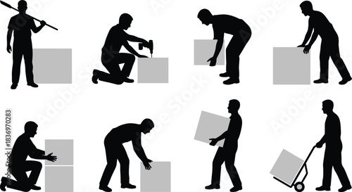 Construction Site Workers Silhouette Building Structure Steel Frame Scaffolding Ladders Wheelbarrows Heavy Machinery Crane Excavator Industrial Development Project.