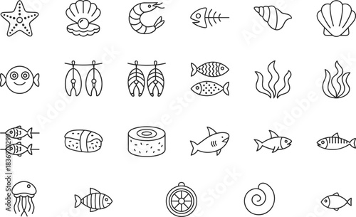 Seafood, marine life, and sushi outline vector icons set,featuring fish, shellfish, starfish, and seaweed essential for cooking, restaurants, and ocean ecology projects.