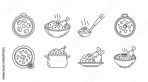 Collection of delicious hot food dishes hand drawn line art icons for culinary themes vector