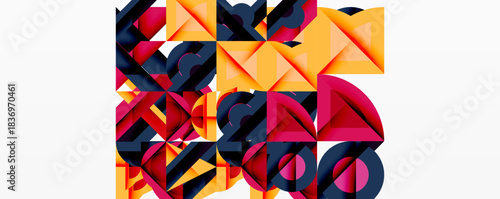 Abstract geometric composition. Shapes overlap, creating vibrant color contrasts. Modern design, bold patterns, dynamic visual experience.