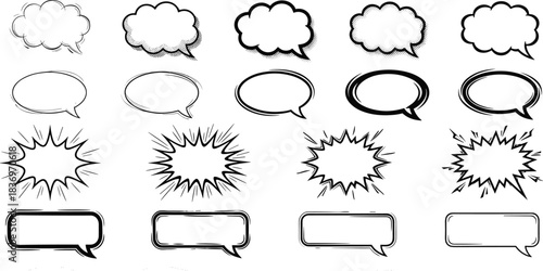 Speech Bubble Thought Balloon Vector Set Comic Book Dialog Element Cartoon Explosion Sketch Doodle Pop Art Communication Design.