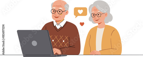 A black and white line art illustration of a smiling senior woman in glasses using a tablet, with floating icons representing online education, learning, music, 