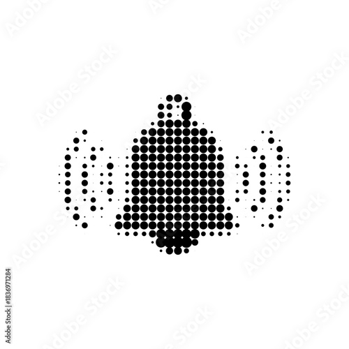 Halftone bell icon with ringing lines in black dots on white background, minimal digital notification symbol in retro pop art style.