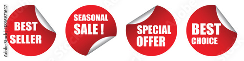 Collection of four red circular vector stickers with peeled corners and white bold text, including "Best Seller," "Seasonal Sale," "Special Offer," and "Best Choice." Perfect for e-commerce, web desig
