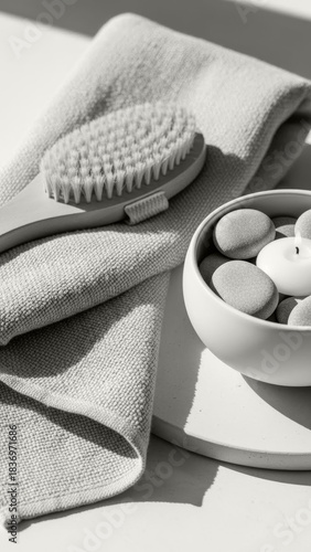 Spa essentials with brush towel candles and stones for relaxation and self care.  Color Trend 2026.