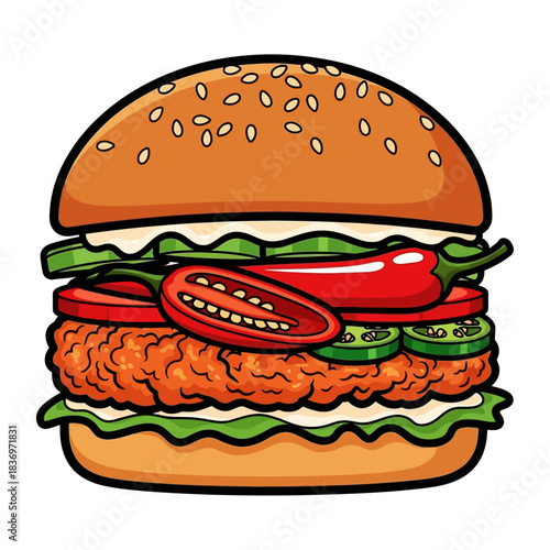 Delicious layered burger with crispy chicken patty fresh vegetables and spicy