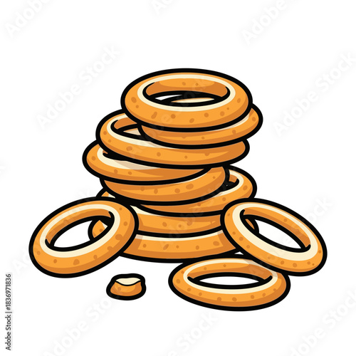 Stacked golden pretzels and circular snack rings served in a casual arrangement