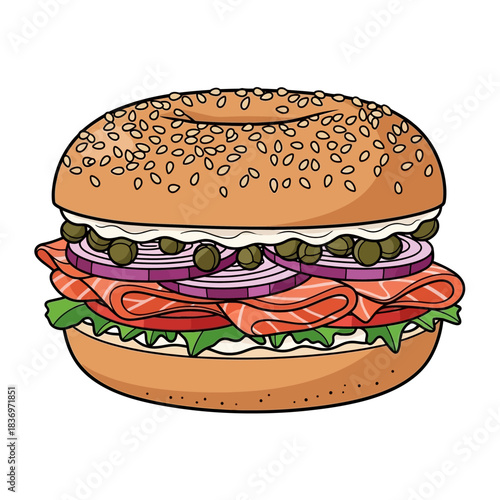 Delicious multi-layered vegetable and meat sandwich with fresh toppings and