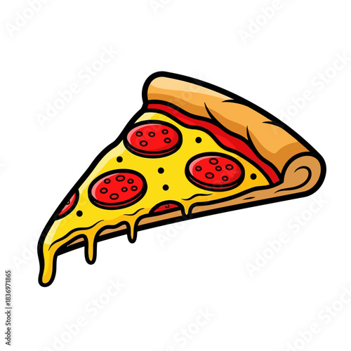 Colorful cartoon pepperoni and cheese pizza slice with crispy crust and