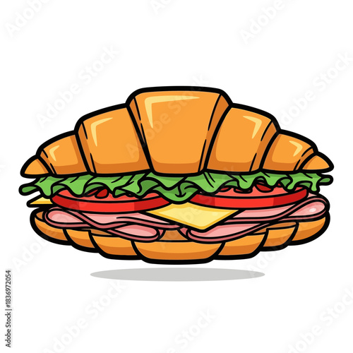 colorful cartoon croissant sandwich with ham cheese lettuce and tomato on a