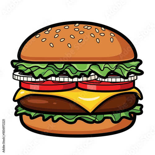 Delicious cheeseburger with fresh vegetables and toasted sesame bun in a