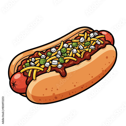 Delicious and Playful Illustration of a Hot Dog with Toppings and Sauces