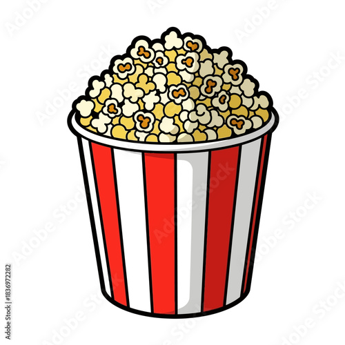 Whimsical illustration of a classic striped popcorn container filled with