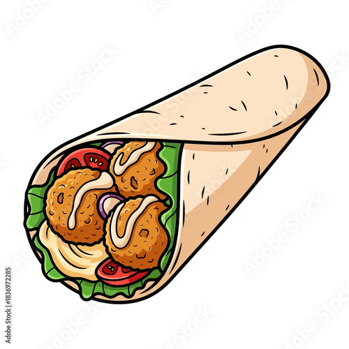 Delicious filling falafel wrap with fresh vegetables and creamy sauces in a