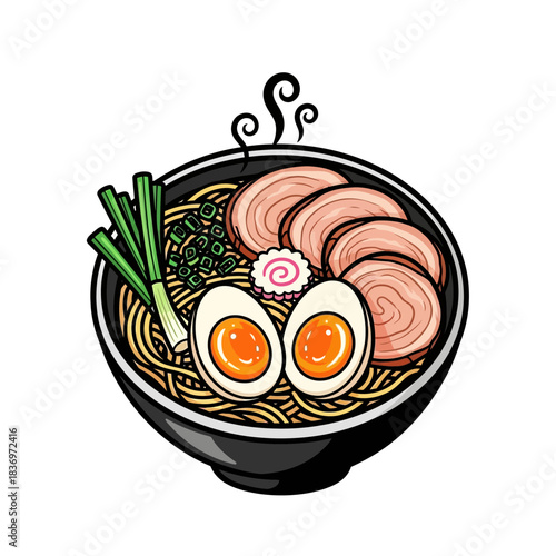 Illustration of a detailed bowl of ramen featuring boiled eggs, pork slices,