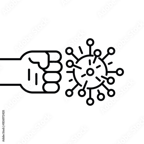 Webfist kick by bacteria icon, protect on virus, conquer infection disease, resistance antimicrobial, thin line web symbol on white background - editable stroke vector illustration eps10