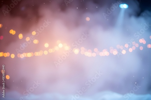 Soft dreamy background of warm string lights glowing through gentle mist, atmospheric holiday or wedding backdrop with copy space.