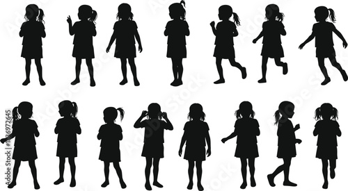 Silhouette of young girl in various poses, walking, running, standing, gesturing, child movement illustration, black figure, animation reference