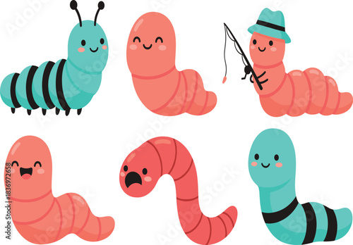 Cute Cartoon Worm and Caterpillar Vector Set Fishing Bait