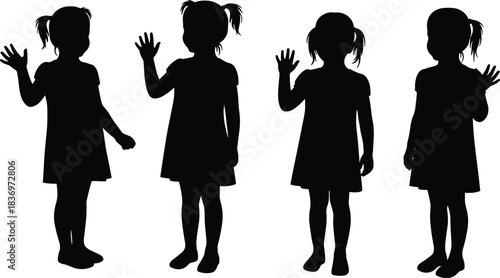 Silhouette of young girl, waving hand, standing barefoot, black outline, child gesture, isolated pose, pigtails, dress, front view, minimal
