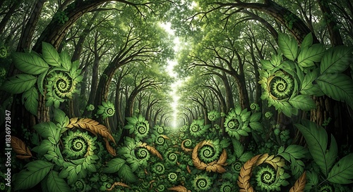 Enchanted forest with glowing ferns and sunbeam