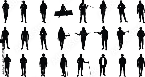 Silhouette people collection, diverse human poses, professions, activities, black vector icons, lifestyle illustration, occupation concept, isolated characters, editable design