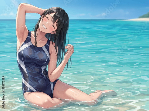 海でポーズをとる水着の女性 Adobe Illustrator Artwork