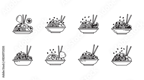 Hand drawn noodle bowls with chopsticks and garnishes set artistic food illustrations collection vector