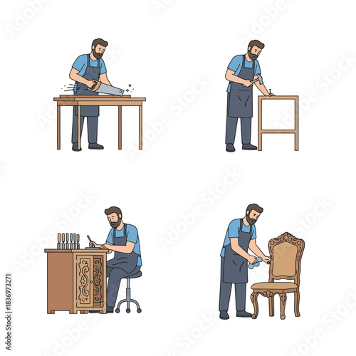 A man engaged in various stages of woodworking, from sawing and carving to assembling and finishing furniture.