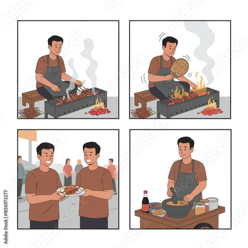 A man preparing and serving delicious street food, grilling skewers and cooking in a wok for customers.