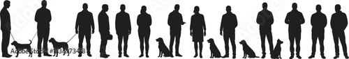 Silhouette people with dogs, walking, standing, interacting, pet lovers, urban lifestyle, black figures, animal companionship, leash, outdoor, design element