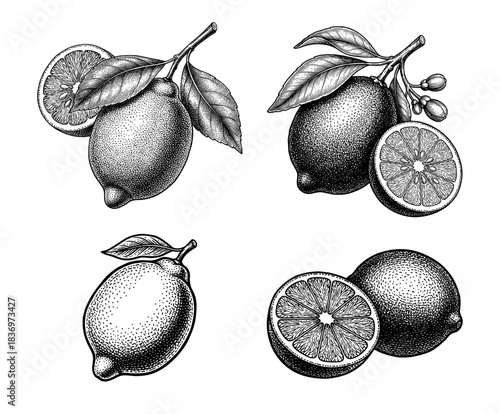 Set of vintage engraved lemon illustrations