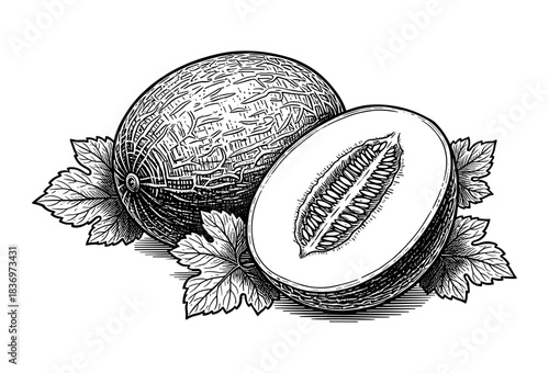 Cantaloupe melon whole and sliced, vintage engraving