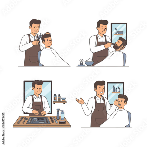 A set of four illustrations depicting a male barber providing various services to clients, including haircutting, beard shaving, and consultation, showcasing the professional grooming process.