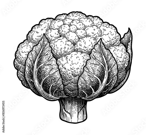 Cauliflower head with leaves, vintage engraving style