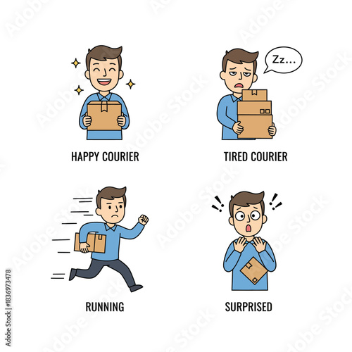 Cartoon illustrations showing a happy, tired, running, and surprised male courier delivering packages.