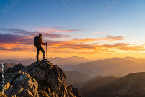Hiker standing on rocky mountain summit at sunset, epic view, adventure