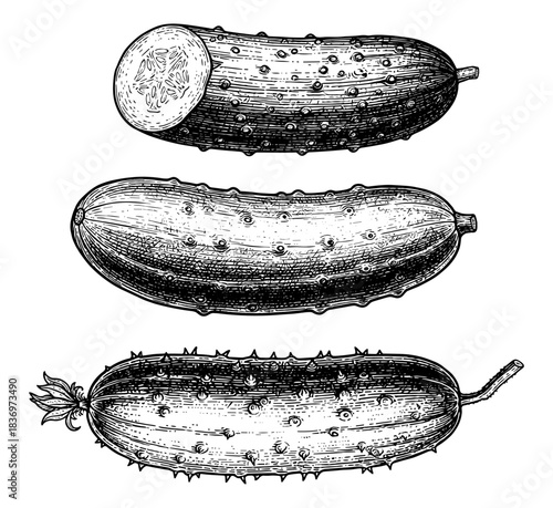 Set of cucumbers in vintage engraving style