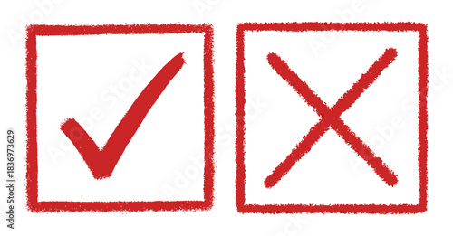 Set of red check and cross boxes, brushstroke style