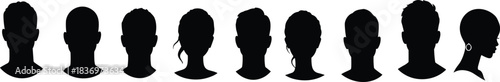 Silhouette portraits of diverse people, black head profiles, hairstyle variety, male and female diversity, minimal design, identity concept, vector art