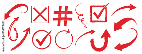 Set of red brushstroke icons, including arrows, checkmarks, and a hashtag