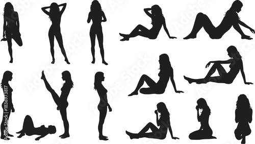 Silhouette poses, human figure, sitting, standing, stretching, lying down, body language, posture, minimal style, white background, artistic reference, movement study