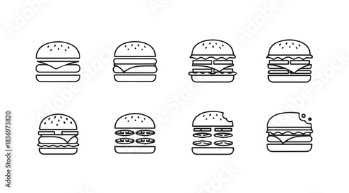 Collection of eight unique outline style hamburger icons representing delicious fast food options vector