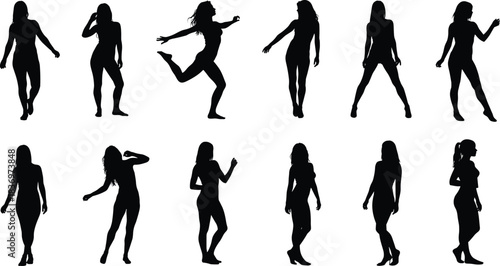 Silhouette poses of human figure, standing, walking, running, dancing, gesture collection, black outline, motion reference, character design, posture study