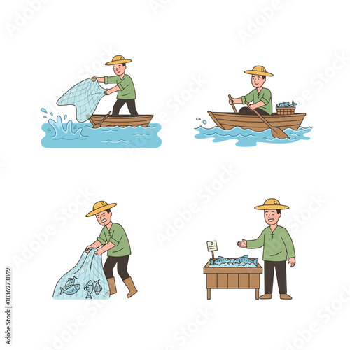 A man's journey from fishing in a boat to selling his catch at a market stall, illustrating the process of fishing and trade.